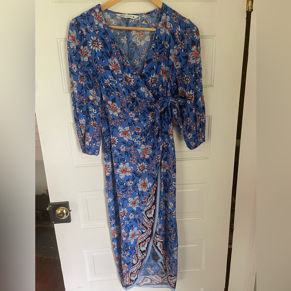 Zara Blue Wrap Sundress with Bishop Sleeves